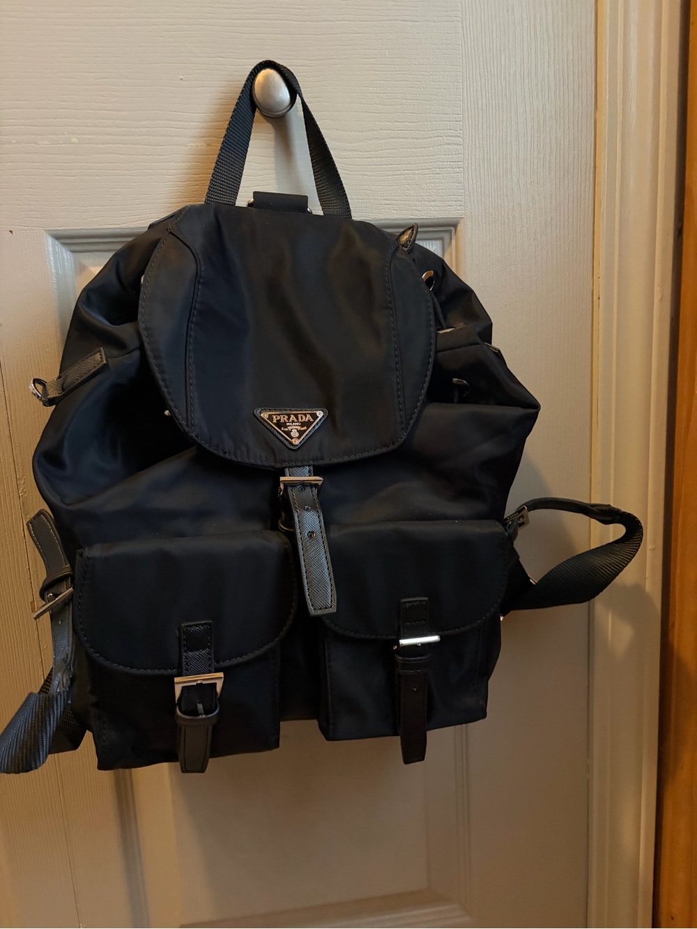 Prada Black Nylon Backpack with Front Pockets